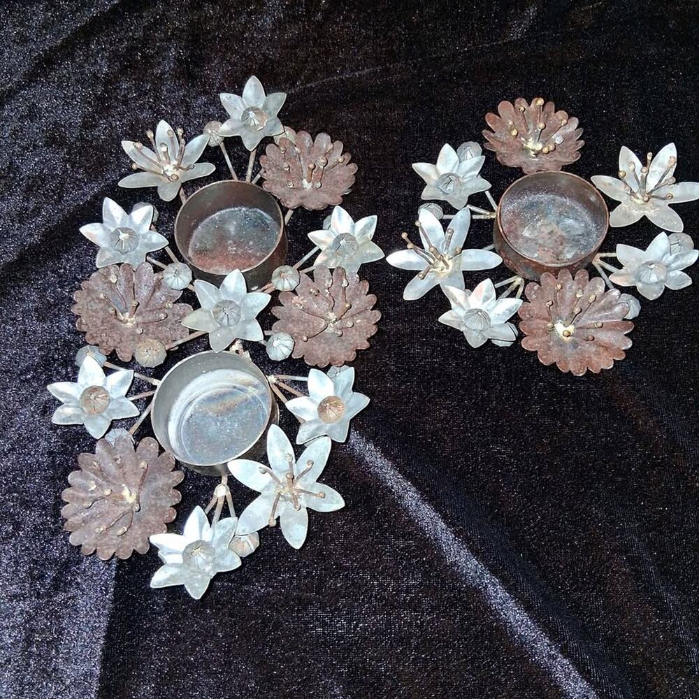 Set of 2 VTG Brutalist Metal Floral Votive Candle Holders